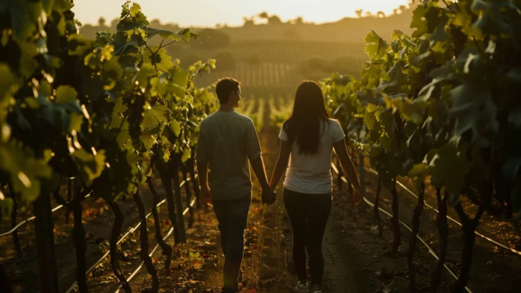 Una pareja caminando por un viñedo al atardecer, rodeada de viñas y un cielo anaranjado.