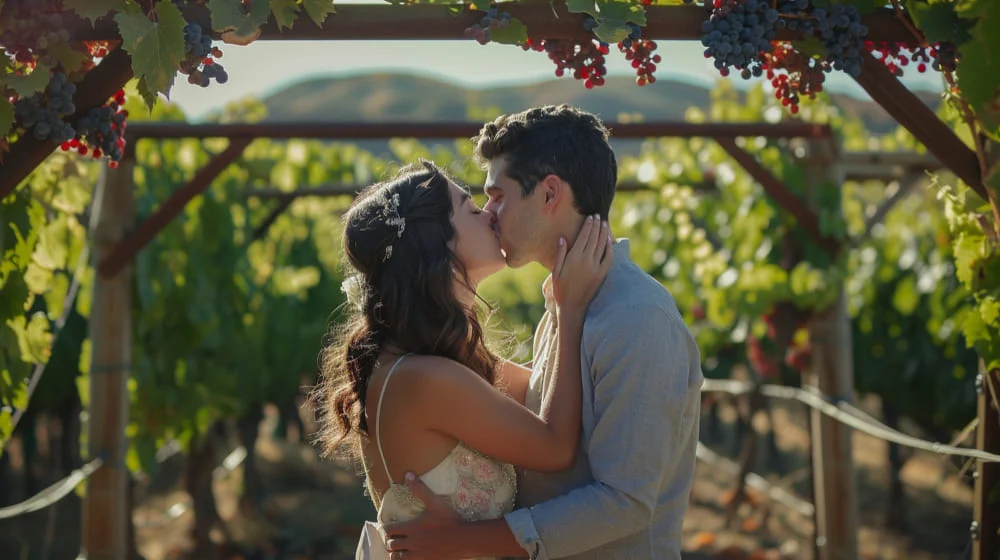 Una pareja besándose en un viñedo, rodeados de vides y un paisaje natural.