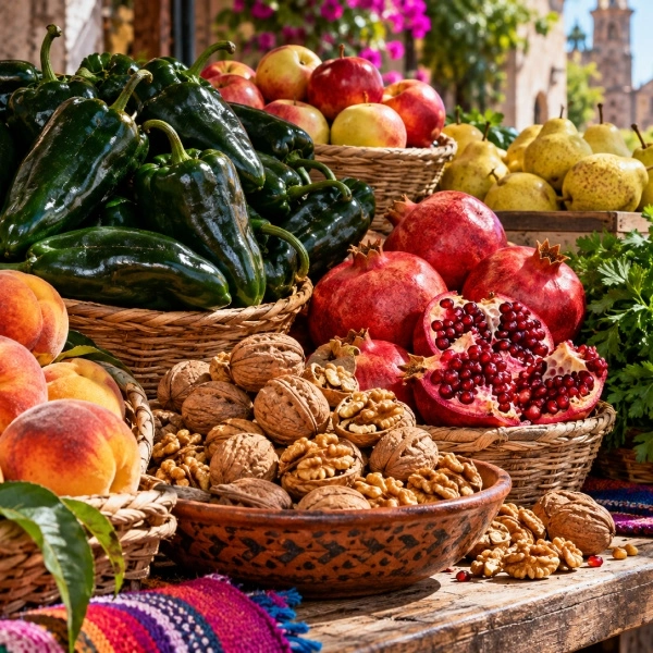 Mesa con una variedad de frutas y verduras frescas dispuestas de manera colorida y atractiva.
