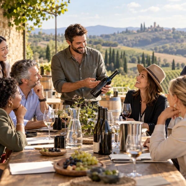 Grupo de personas sentadas alrededor de una mesa, disfrutando de vino y conversando animadamente.