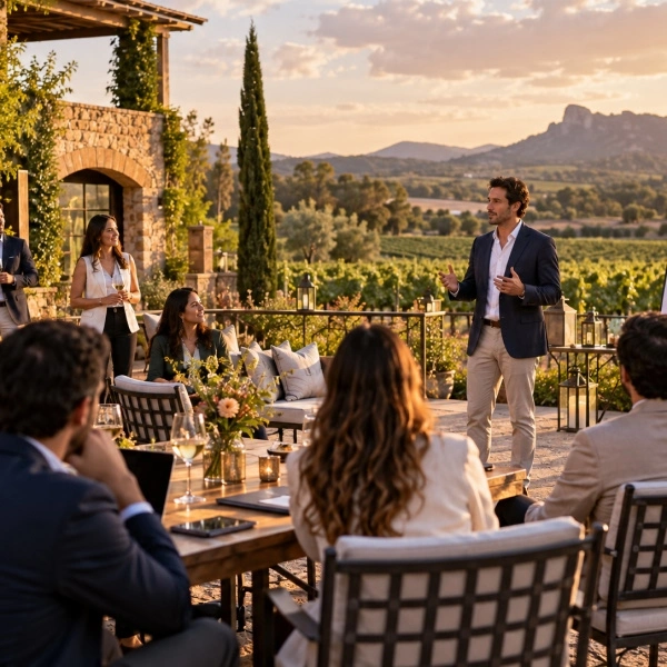 Grupo de personas disfrutando de una cena en un viñedo, rodeados de naturaleza y mesas decoradas.