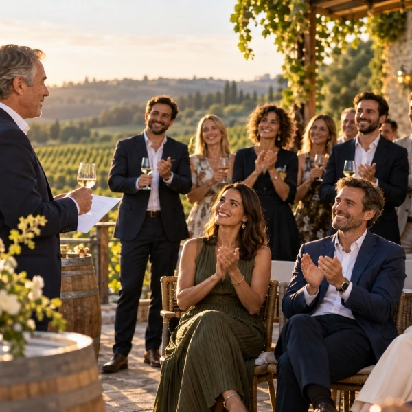 Ceremonia en un viñedo, con decoraciones florales y una pareja de novios frente a un altar al aire libre.