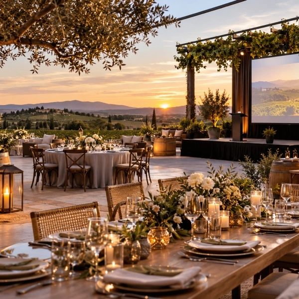 Recepción de boda al aire libre con pantalla y vista del atardecer en el fondo.