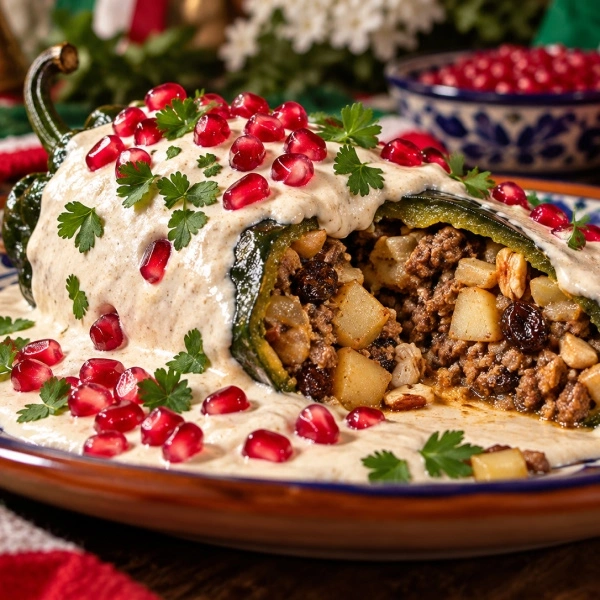 Un plato con un burrito relleno decorado con granos de granada.