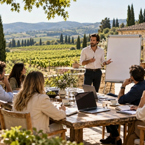 Un hombre da una charla a un grupo de personas.